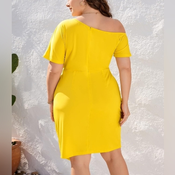 KOJOOIN Women Yellow Plus Size Off The Shoulder Ruched Bodycon Dress Size 4X NWT - Picture 5 of 12